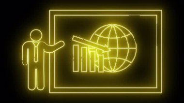 Neon sunucu kişi ekranda dünya küresi azalan grafiğini gösteriyor