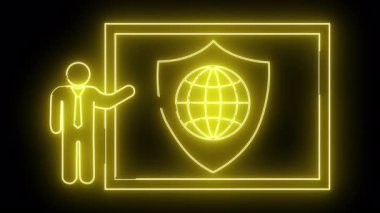 Sarı neon sanatı, siyah bir arkaplana karşı bir çerçevenin içinde bir kalkan üzerinde bir küre sunan bir insan.