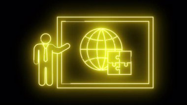 Sarı neon sanatı insanı bir ekrana doğru işaret eder, küre ve bulmaca parçaları ile.