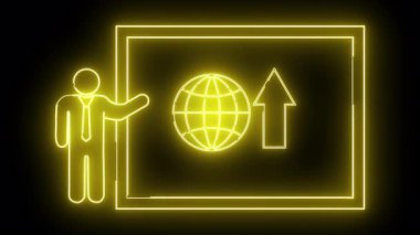 Sarı neon adam siyah üzerine çift köşeli dikdörtgen şeklinde okla dünyayı sunar.