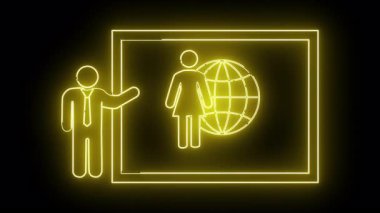 Sarı neon resimli adam, çerçeveli bir kürenin yanında kadını sunuyor.