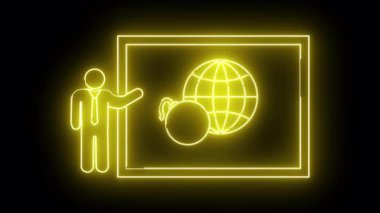 Sarı neon çizgili öğretim üyesi siyah bir arkaplan karşısında bir dünya ve bomba sunar.