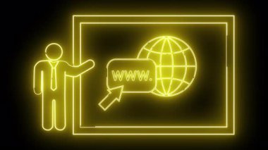 Siyah arkaplanda dikdörtgen bir çerçeve içinde web sitesi ve küre sunan bir kişinin sarı neon çizgisi