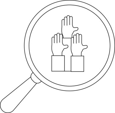 Bir büyüteç, bir grup gönüllüde üç kaldırılmış elin altını çiziyor.