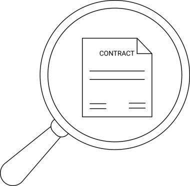 Sözleşme belgesinin üzerine bir büyüteç. Basit bir çizgi, siyah ve beyaz çizer.