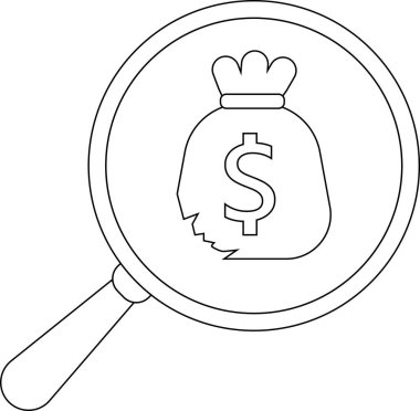 Üzerinde dolar işareti olan yırtık bir para çantasına odaklanan bir büyüteç taslağı.