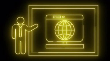 Sarı neon, siyah arkaplanda bir küreyi gösteren bir ekrana işaret eden bir şekil çizer