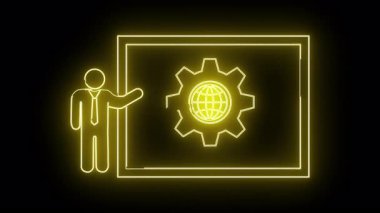 Sarı neonstyle simgesi bir ekranın yanında kravat takan bir kişinin vites içinde bir küreyi göstermesi