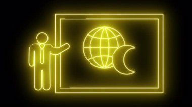 Siyah arka planda insan küresi ve ay ile sarı neonstyle sunumu