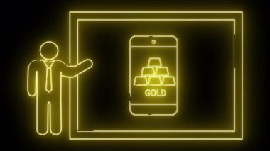 Altın çubukları gösteren bir akıllı telefon ekranı sunan kişinin parlayan neon görüntüsü