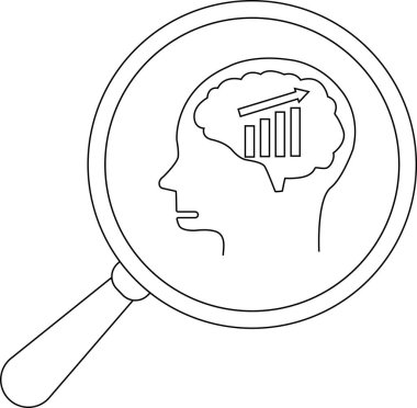 Büyüteç, yükselen bir çubuk grafiği ve yukarı doğru oku olan bir beyni ortaya çıkarır.