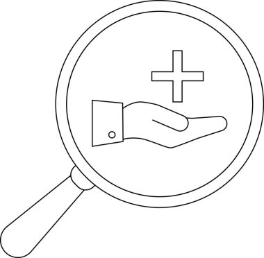 Bir büyüteç, açık bir sanat tarzında artı işareti sunan bir eli vurgular.