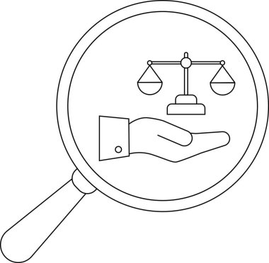 Bir büyüteç, açık bir taslak şeklinde yapılmış adalet terazisini tutan bir eli ortaya çıkarır.