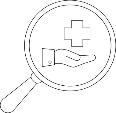 Büyüteç, tıbbi bir haç sembolü sunan bir eli gösteriyor.