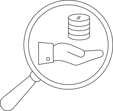 Bir dolar işaretiyle işaretlenmiş bozuk paraları tutan bir elin üzerinde büyüteç.