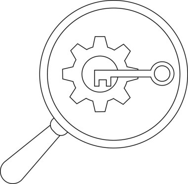 Bir büyüteç, üzerinde anahtar sergilenen karmaşık çizgi sanatı olan bir vites gösterir.