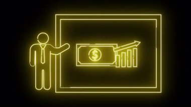 Sarı neon illüstrasyon, panoda grafik ve para sembolü olan bir sunucuyu gösteriyor