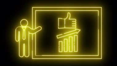 Bir iş adamının sarı neonstyle çizimi. Grafik başparmakları ve siyah arka planda bir ok.