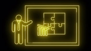 Bir işadamının neon sarısı çizimi bir bulmacayı bir çubuk grafiği ve aşağı doğru siyah bir arkaplanı gösteren bir okla sunuyor.