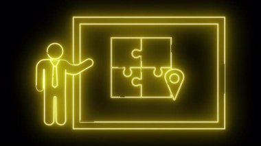 Neon sarısı ana hat, bir insanı tasvir eder. Çerçevelenmiş bir yapboz ve siyah bir arkaplana karşı bir harita iğnesi.