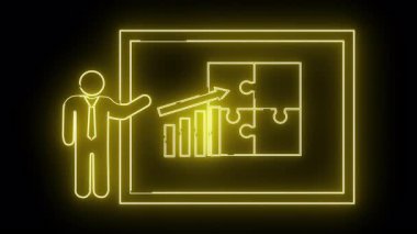 Kravat takmış birinin yanında ok ve çubuk grafikli bulmaca parçalarının neon sarısı sunumu