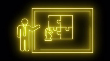 Neon resim bir kişinin strateji konseptini sunduğunu gösteriyor. Bir ekranda bir bulmaca şövalyesi satranç taşı.