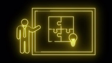 Kişi bulmaca ampulü ve çerçeve ile neon sunumu