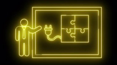 Siyah arkaplandaki bir fişe bağlı bulmacayı sunan neon sarısı dış hat