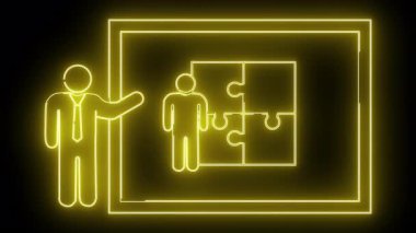 Sarı neon çizen adam bir duvarda yapboz sunuyor.