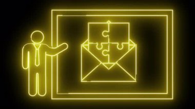 Sarı neon çubuk figürü siyah arkaplanda yapboz parçaları içeren e-posta zarfı sunar