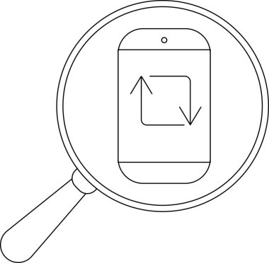 Bir büyüteç, baş aşağı oklu bir kareyi gösteren bir telefona odaklanır.