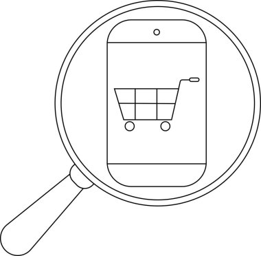 Bir alışveriş arabası simgesini gösteren bir telefonu gösteren büyüteç taslağı.