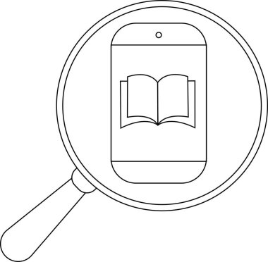 Ekranda açık bir kitabı olan bir cep telefonu büyüteçle büyütülmüş.