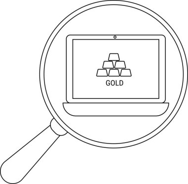 Dizüstü bilgisayardaki altın çubuklar büyüteç içinde