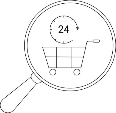Bir büyüteç dairesel bir çizginin içindeki 24 sembolün altında bir alışveriş arabası olduğunu gösteriyor.