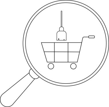 Elinde temizlik fırçası olan bir alışveriş arabası büyüteçle izlenir.