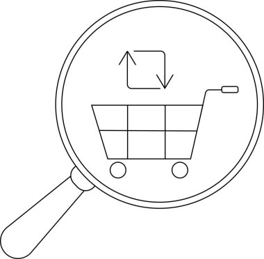 Siyah beyaz çizgi, üzerinde ok olan bir alışveriş arabasını gösteren büyüteç çiziyor