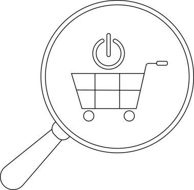 Üzerinde güç düğmesi sembolü olan bir alışveriş arabası simgesine odaklanan bir büyüteç taslağı.
