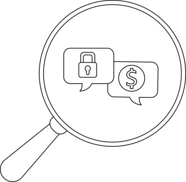 Bir büyüteç, asma kilit ve dolar işareti olan konuşma baloncuklarına odaklanır.