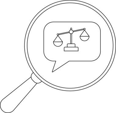 Bir büyüteç, adalet sembolü içeren bir konuşma balonuna odaklanır.
