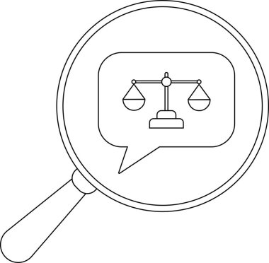 Bir büyüteç, içinde adalet sembolü olan bir konuşma balonuna odaklanır.