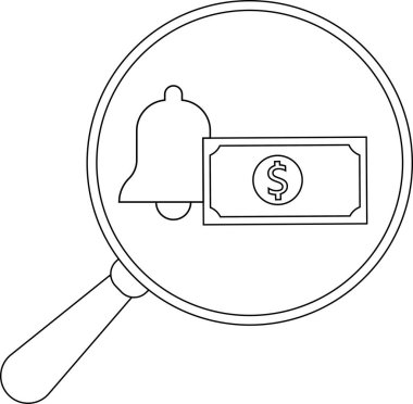 Büyüteç para ve zil gösteriyor.