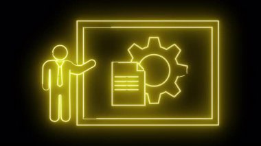 Neon grafik siyah bir arkaplan karşısında sunucu belgesi ve çark simgesi gösterir