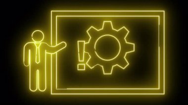 Sarı neon tasarım sunucusu siyah arkaplanda vites ve ünlem işaretini gösterir