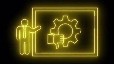 Bir sunucu ekranının sarı neon simgesi siyah bir arkaplan üzerinde parmakla gösterilen dişliyi paraflar