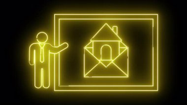 Aydınlatılmış neon sarısı çöp adam siyah bir arkaplan karşısında kare çerçevede bir ev zarfı simgesi sunuyor