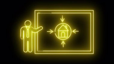 Sarı neon ekran, siyah arkaplana karşı ayarlanmış okları olan bir ev diyagramını gösteren bir figür gösterir