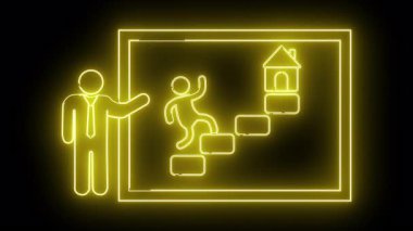 Sarı neon sanatı, iş rehberinin merdivenlerden bir eve çıktığını gösteriyor.