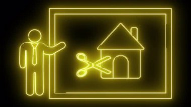 Bir kişinin sarı neon çizimi, dikdörtgen içinde makasla kesilmiş bir ev sunar.