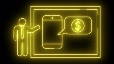 Siyah bir arkaplan üzerinde dikdörtgen çerçevesi içinde dolar sembolü olan bir sunucu telefonunun neon sarısı çizgisi.